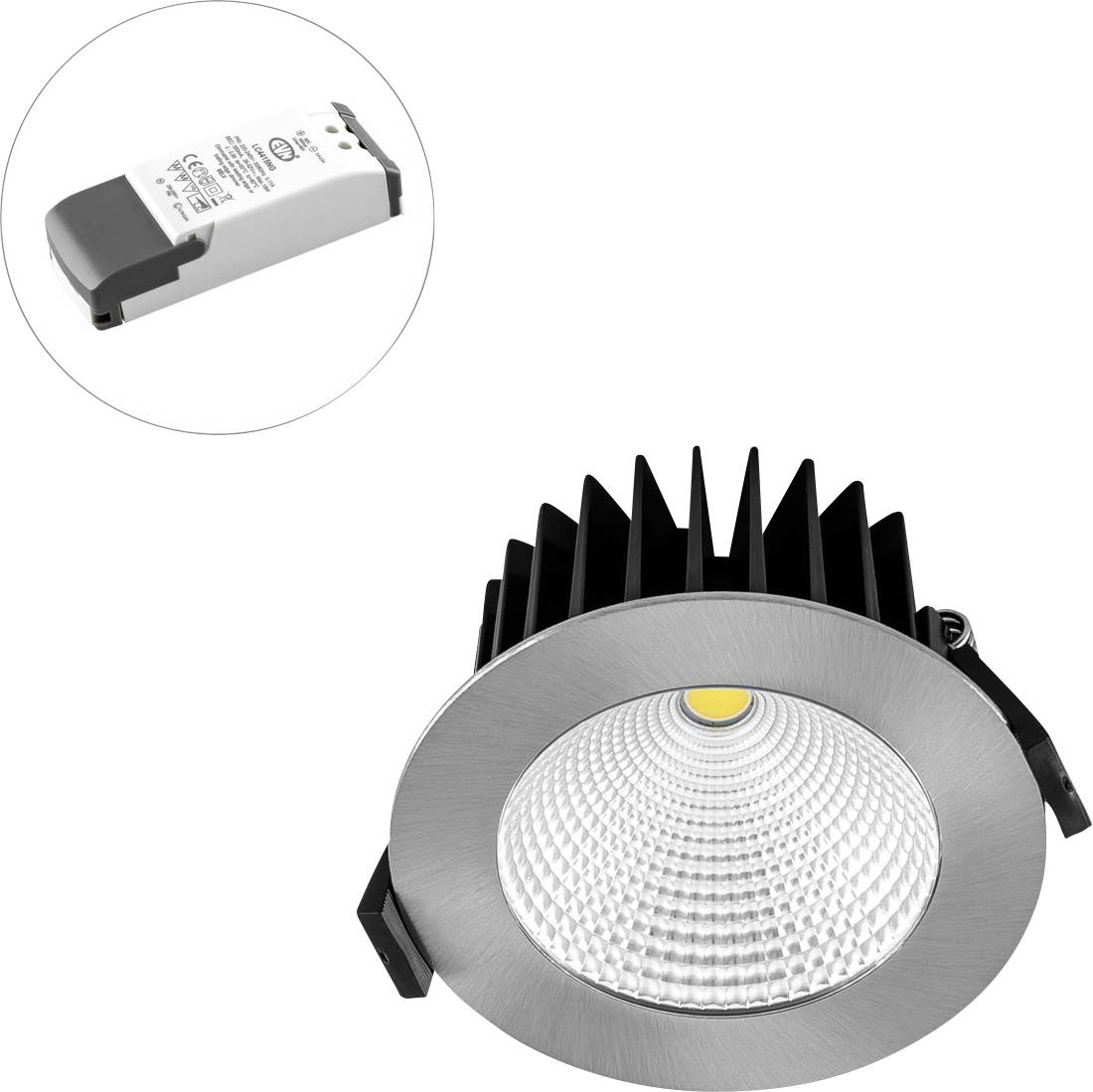 LED-Downlight mit Aluminiumgehäuse und sichtbarem Kühlkörper. Separate Ansicht des Netzteils oben links.