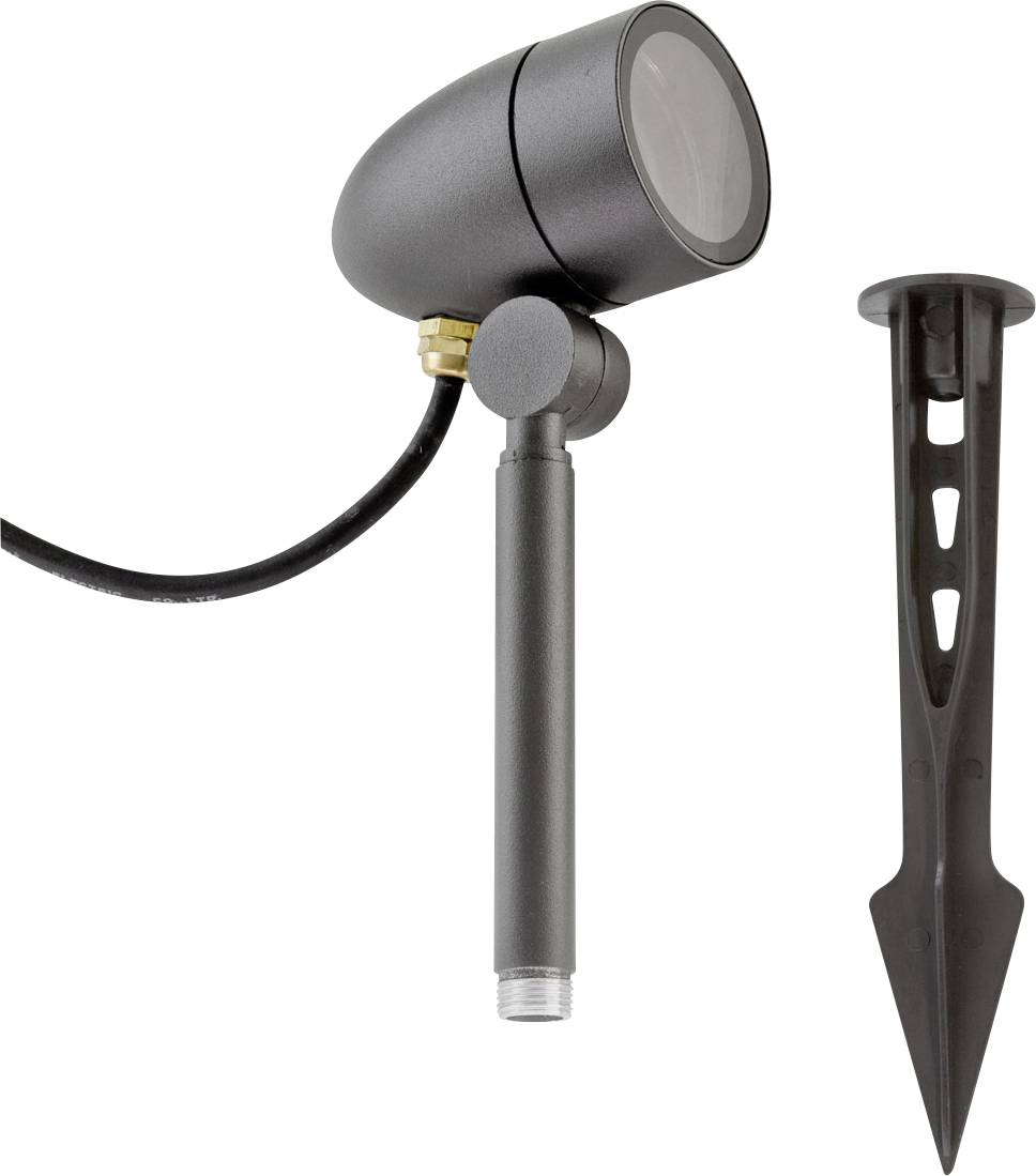 'Außenstrahler mit Erdspieß' zeigt Spotlicht an einem Stab mit Erdspieß, für Außenbereich geeignet. Modernes, robustes Design.