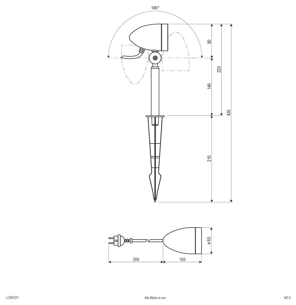 Technische Zeichnung einer Gartenasterleuchte mit verstellbarem 180°-Kopf und Abmessungen in Millimetern, einschließlich Seiten- und Vorderansicht mit einer Gesamthöhe von 400 mm.
