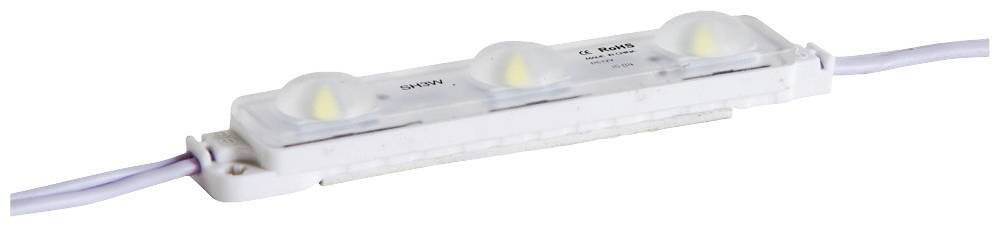 LED-Modul mit drei runden Leuchten, transparentes Gehäuse, verbunden durch weiße Kabel. Geeignet für Beleuchtungszwecke.