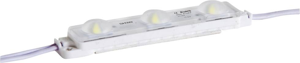 Weißes 4-LED-Lichtmodul mit Drähten an beiden Enden, dargestellt auf einem einfachen Hintergrund.