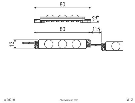 Technische Zeichnung einer modularen LED-Leuchteneinheit mit Abmessungen in Millimetern; Hauptbereich 80 mm lang und 13 mm hoch, plus 115 mm Erweiterung und 12 mm Dicke.