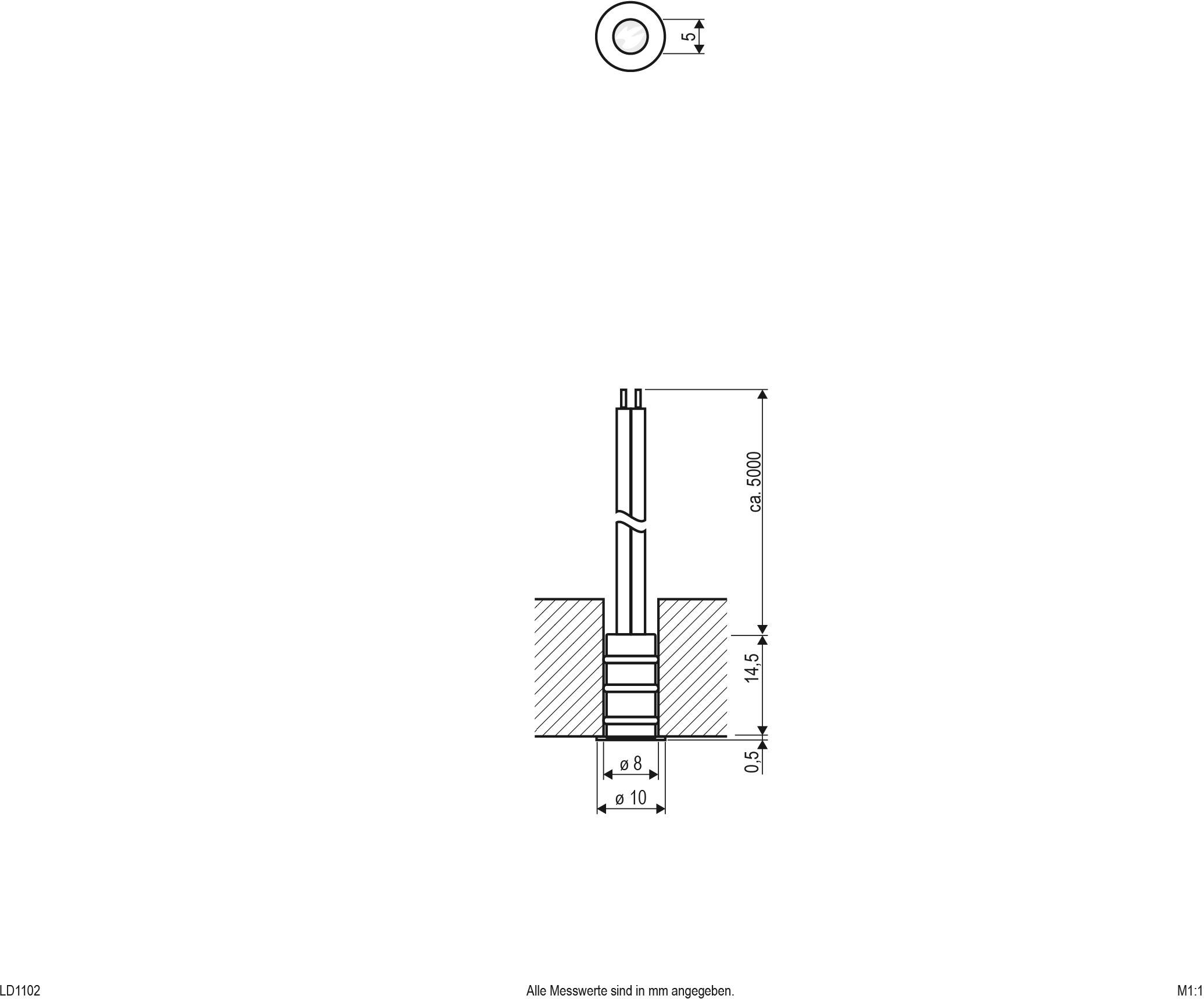 Technische Zeichnung eines Stiftes mit Bemaßungen: Gesamthöhe ca. 5000 mm, Durchmesser 10 mm, Längenangaben in mm.