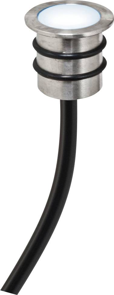 Eine runde, metallene LED-Leuchte mit schwarzem Kabel, strahlt blaues Licht aus. Installationszubehör für Beleuchtungssysteme.