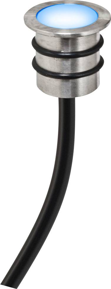 Ein runder, silberner Schalter mit LED-Beleuchtung, die in Blau leuchtet. Der Schalter hat ein schwarzes Kabel zur Stromversorgung.