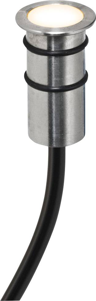 Ein silbernes LED-Spotlicht mit zylindrischem Metallgehäuse und schwarzem Kabel, geeignet für die Bodenmontage oder Einbau.