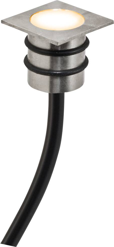 Ein quadratischer LED-Bodeneinbaustrahler aus Metall mit schwarzem Kabel; er strahlt warmweißes Licht aus. Geeignet für den Außenbereich.