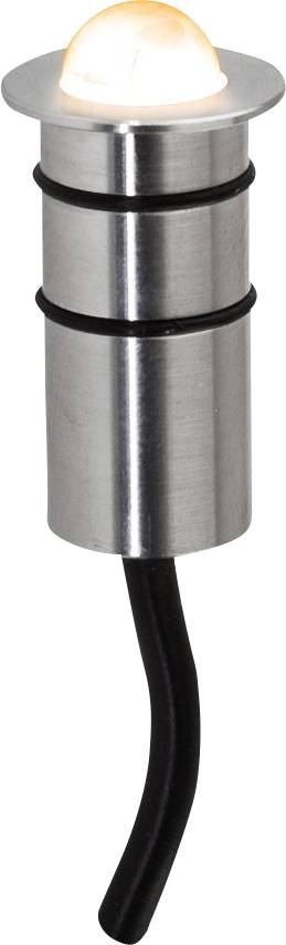 Eine runde Edelstahl-Bodenleuchte mit einem schwarzen Kabel, die ein warmes, gelbliches Licht ausstrahlt. Ideal für Außenbeleuchtung.