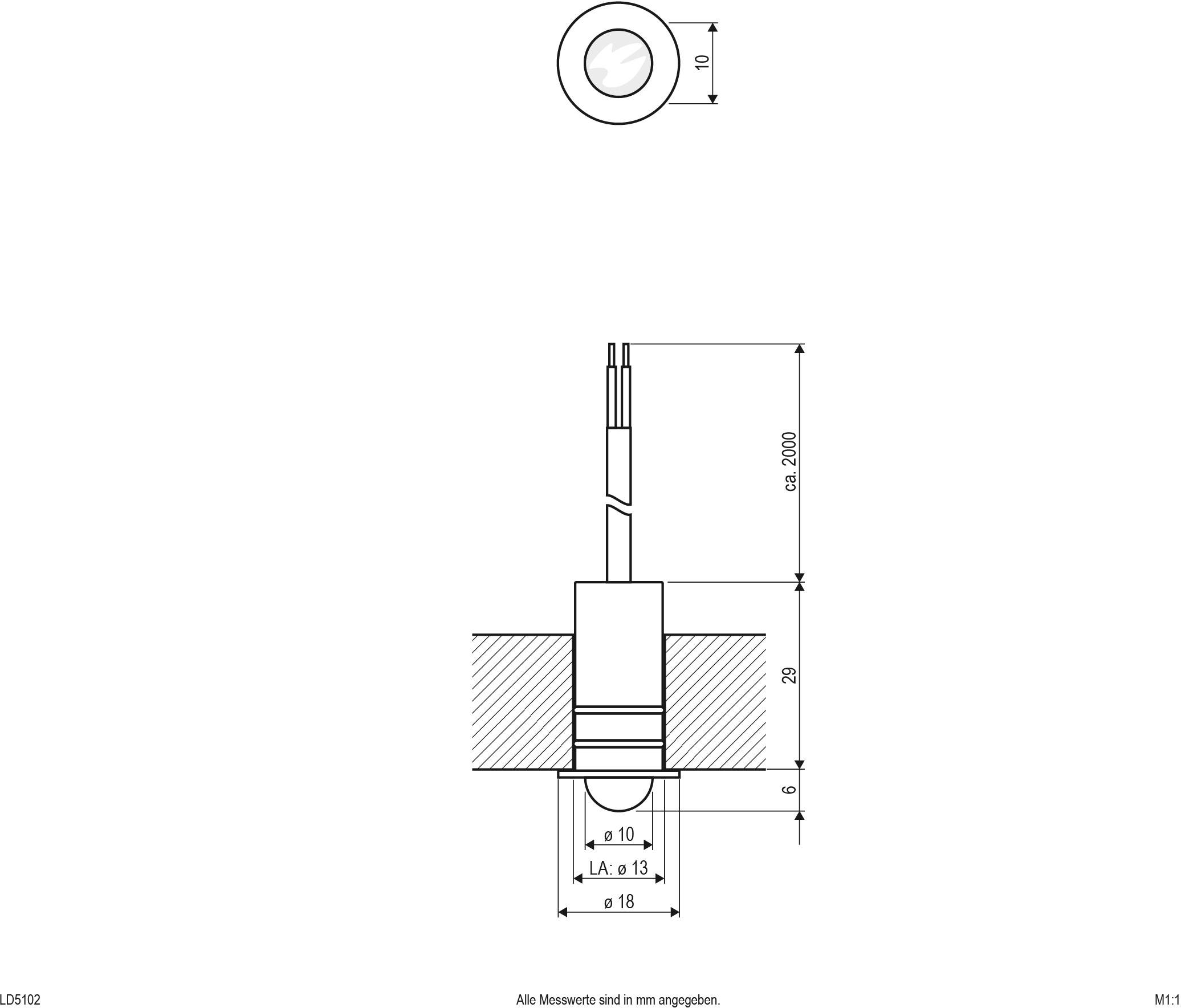 Technische Zeichnung einer Einbauleuchte. Maße: Durchmesser 18 mm, Einbautiefe 22 mm. Gesamtstützlänge 200 mm. Alle Maße in mm.