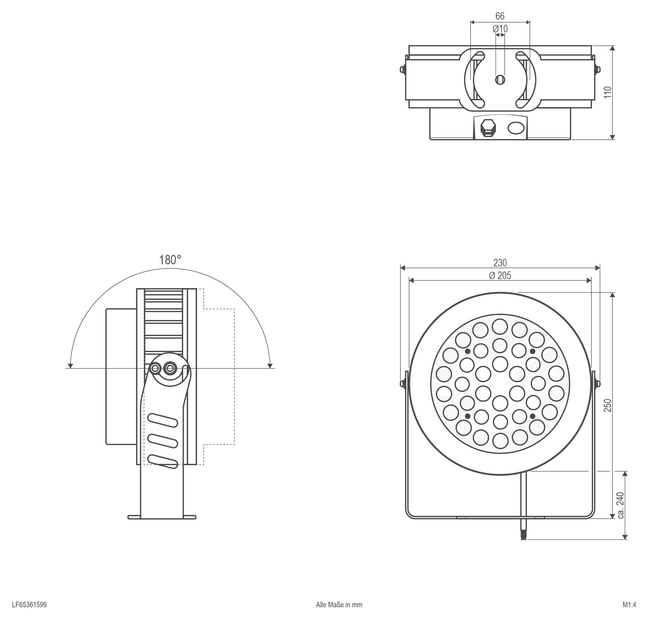 Technische Konstruktionszeichnung einer runden wandmontierten Leuchte dargestellt in Seiten- und Frontansicht, mit Abmessungen und markiertem Schwenkbereich von 180°.