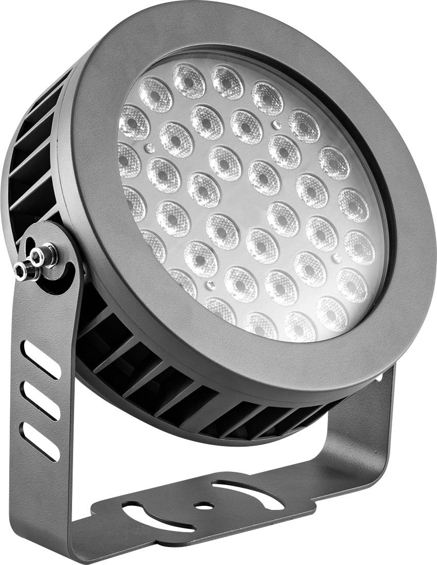 Runder LED-Fluter mit grauem Gehäuse, montierbar. Geeignet für Außenbeleuchtung.
