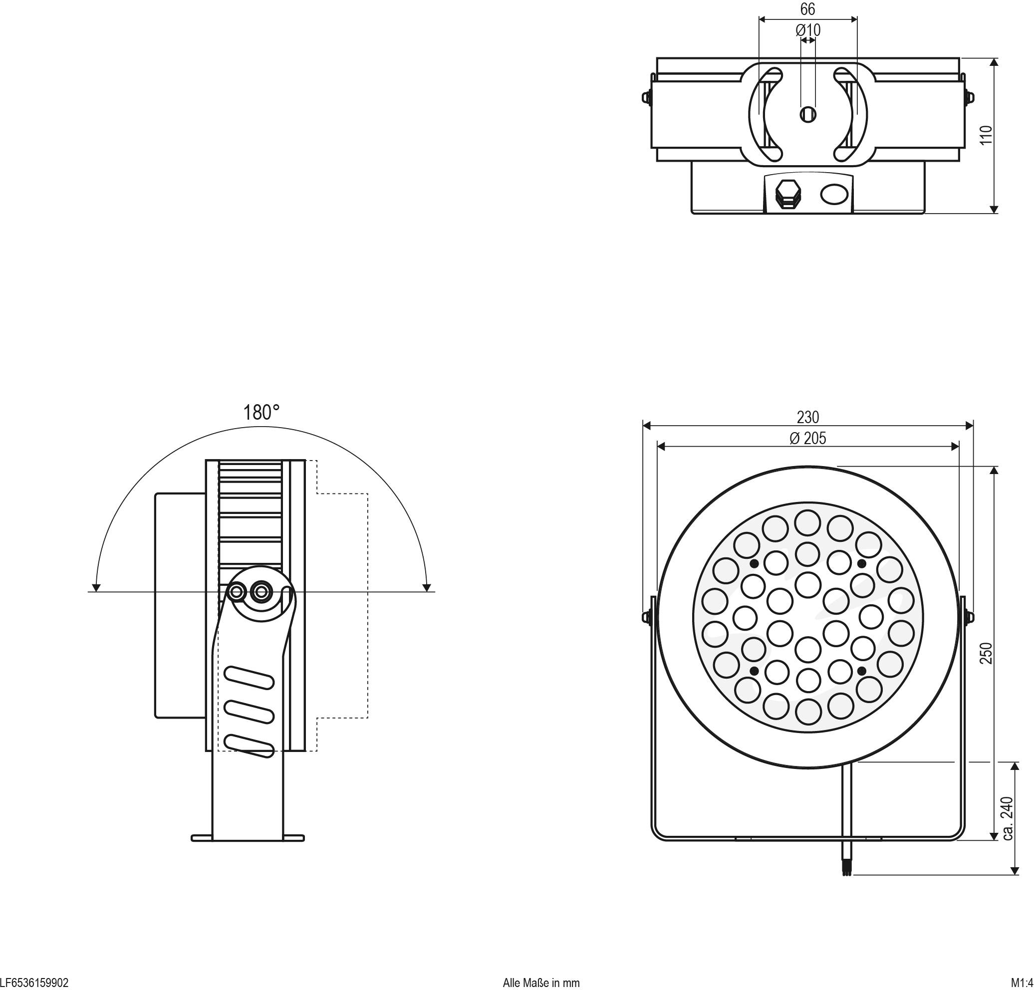 Technische Zeichnung eines Strahlers mit Abmessungen: 66 mm Breite, 180° Verstellwinkel, 230 mm Länge. 