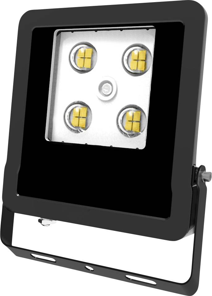Schwarzer Außen-LED-Flutlichtstrahler mit vier sichtbaren LED-Modulen in einem geneigten rechteckigen Gehäuse und Montageklemme