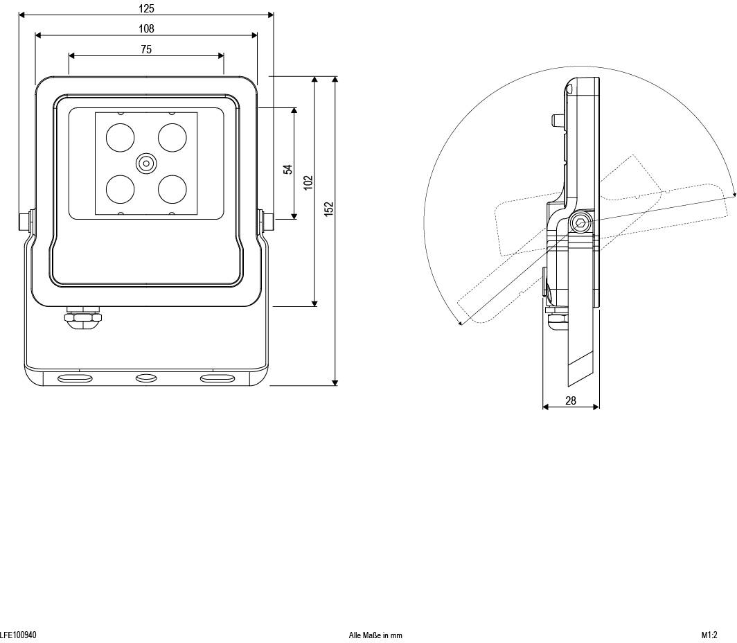 Technische Zeichnung eines rechteckigen Scheinwerfers mit Abmessungen: 125 mm Breite, 108 mm Gehäusetiefe, 52 mm Höhe. Seitenansicht zeigt einen verstellbaren Winkel.