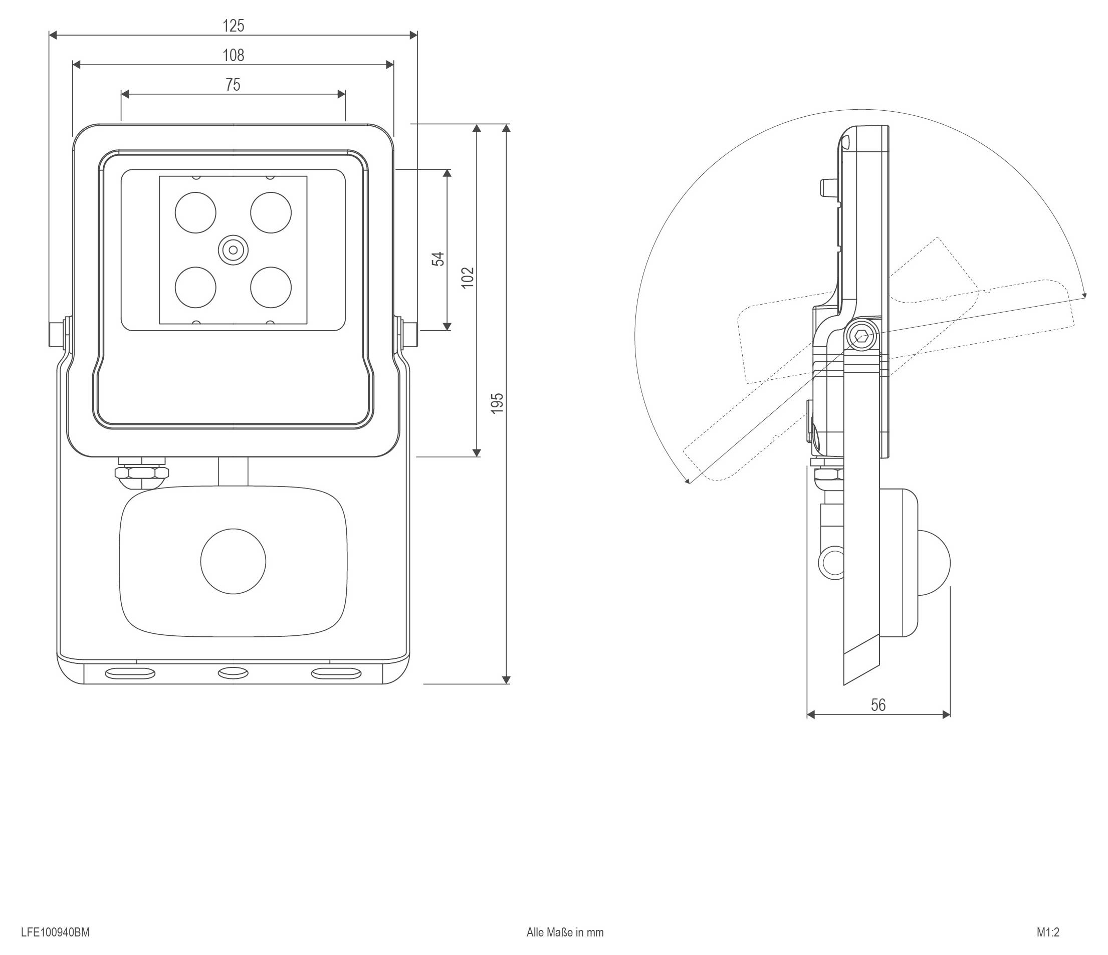 Technische Maßstabzeichnung eines wandmontierten Geräts mit Vorder- und Seitenansicht und Abmessungen in Millimetern.