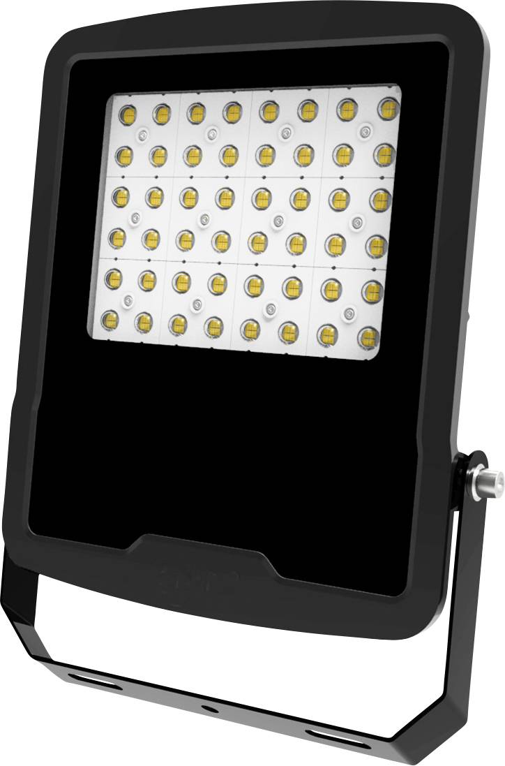 LED-Flutlichtleuchte mit einem rechteckigen Array aus vielen gelben LEDs in einem schwarzen Gehäuse auf einer weißen Basis
