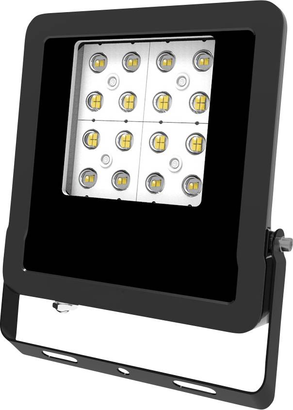 Schwarze rechteckige LED-Flutlichtleuchte mit einem weißen Bulbenfeld, das in einem Metallrahmen montiert ist, auf weißem Hintergrund dargestellt.