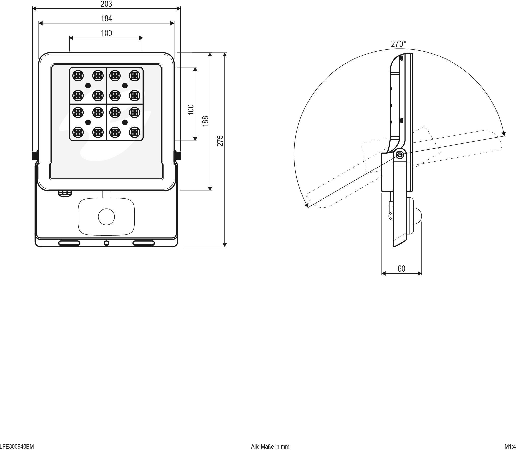 Technische Zeichnung eines LED-Fluters. Vorderansicht zeigt rechteckige Form mit 12 LED-Leuchten. Seitliche Ansicht zeigt Rotationswinkel von 270 Grad.