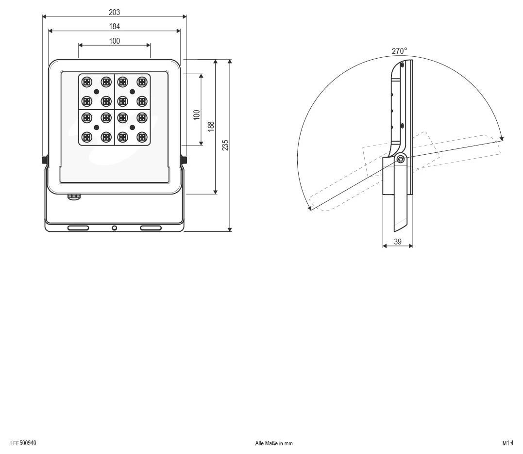 Technische Maßzeichnung einer länglichen rechteckigen Vorrichtung, die Front-, Seiten- und Detailansichten mit Abmessungen in Millimetern zeigt.