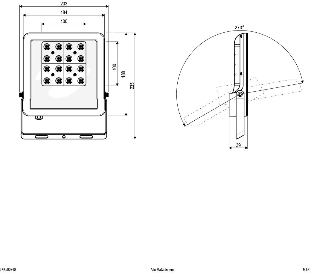 Technische Zeichnung eines rechteckigen Strahlers mit Abmessungen in mm. Ansichten von vorne und von der Seite. Neigungswinkel 270°.