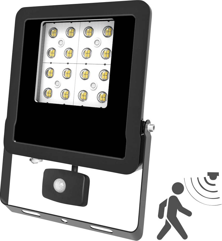 Bewegungsgesteuerter LED-Flutlichtstrahler auf einer Montageklammer mit eingebautem PIR-Sensor, abgebildet mit einem Symbol einer gehenden Person, das die automatische Aktivierung anzeigt.