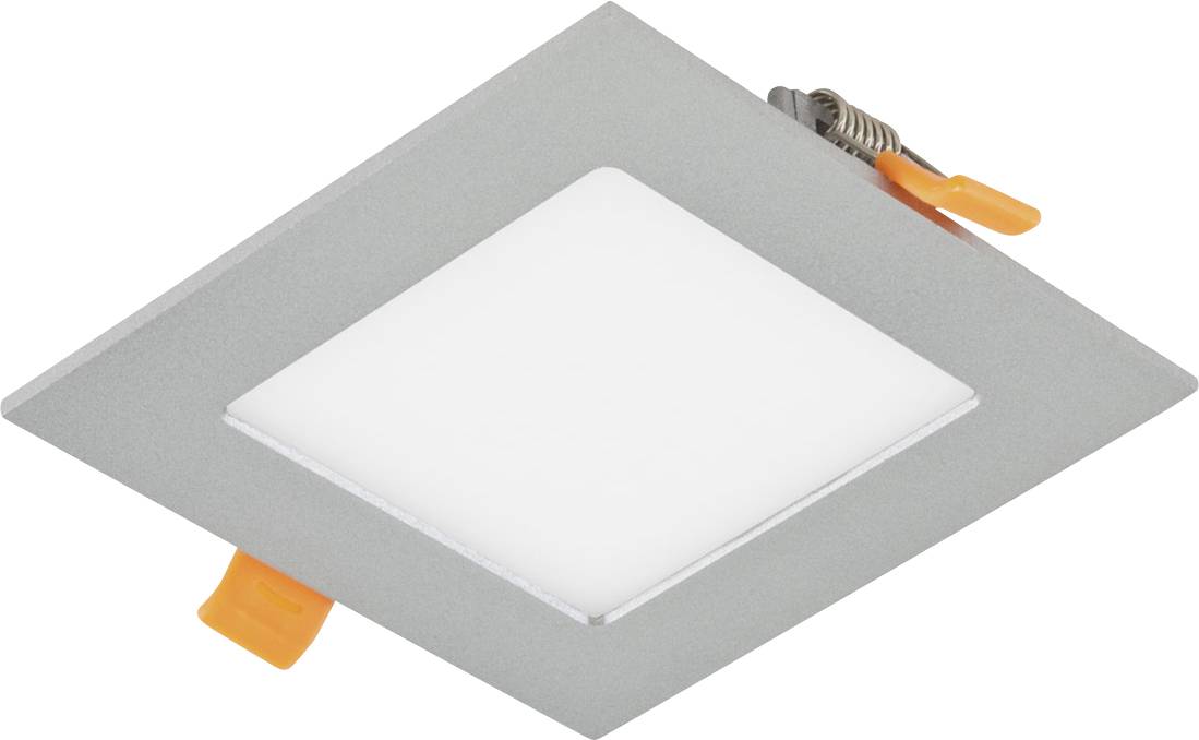 Quadratische LED-Einbauleuchte mit grauem Rahmen, weißem Diffusor und orangefarbenen Federclips zur Montage.