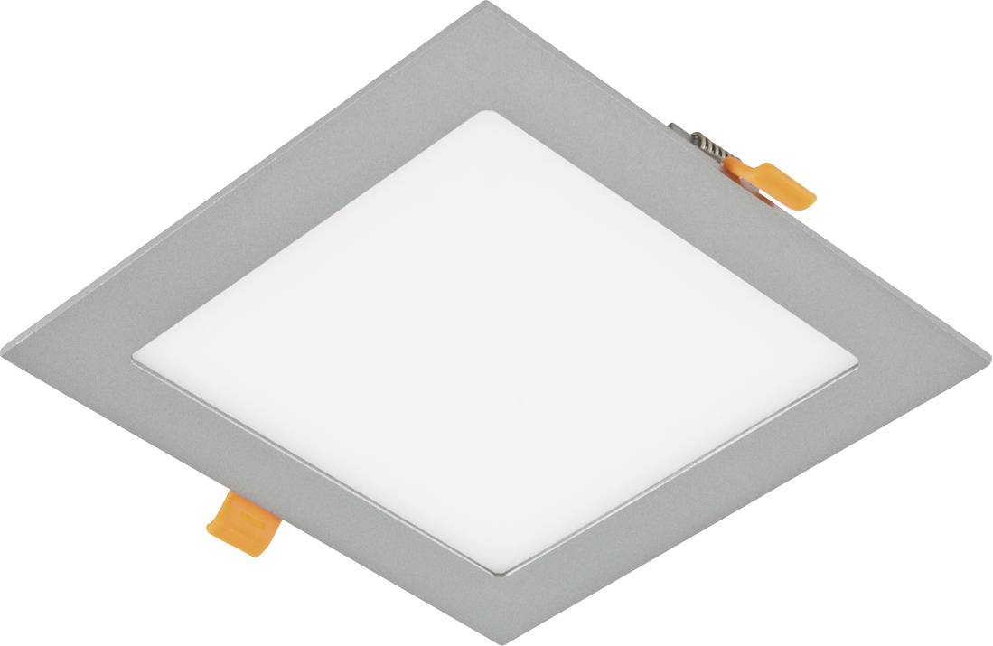 Quadratische bündige LED-Deckenleuchte mit grauem Rahmen und orangefarbenen Befestigungsclips