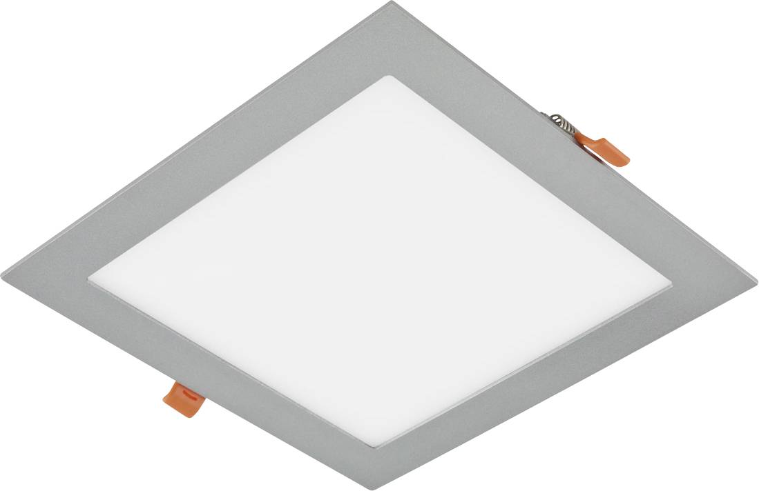 Quadratische LED-Deckeneinbauleuchte mit silbernem Rahmen und weißer Streuscheibe, auf weißem Hintergrund dargestellt.