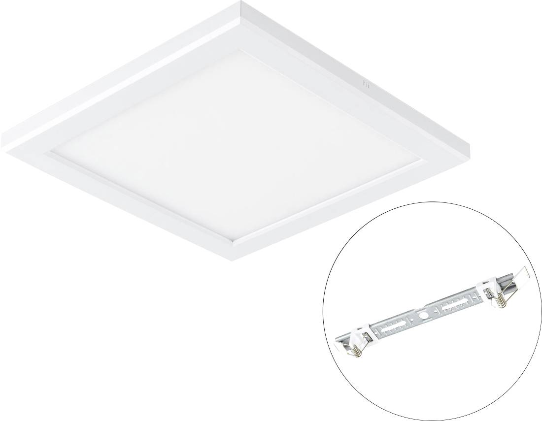 Weiße quadratische LED-Deckenleuchte mit einer Nahaufnahme des Montagezubehörs und der Halterung.