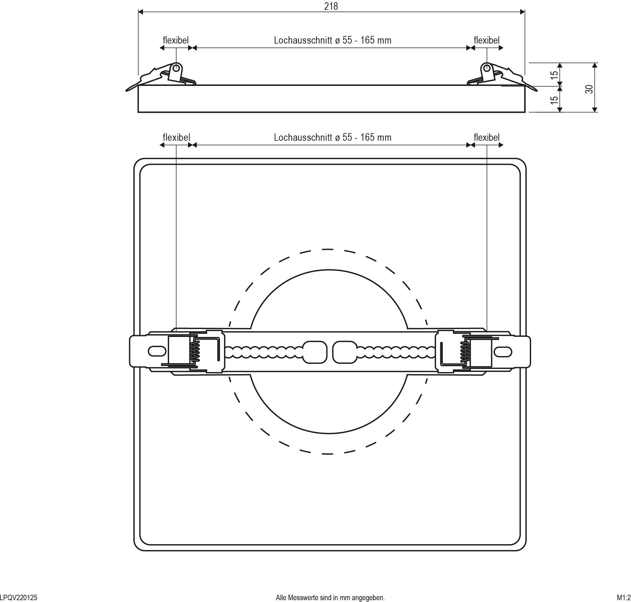 Zeichnung eines quadratischen Lüftungsgitters mit Maßangaben in Millimetern. Verstellbarer Lochdurchmesser von 65 bis 165 mm.