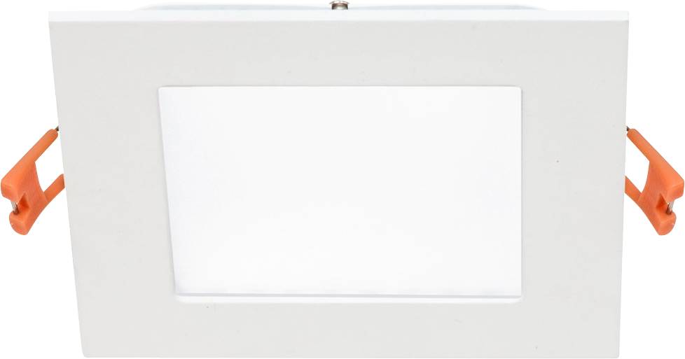 Rechteckige LED-Deckenleuchte in einem weißen Gehäuse mit orangefarbenen Clips an den Seiten, geeignet für Innenbeleuchtung.