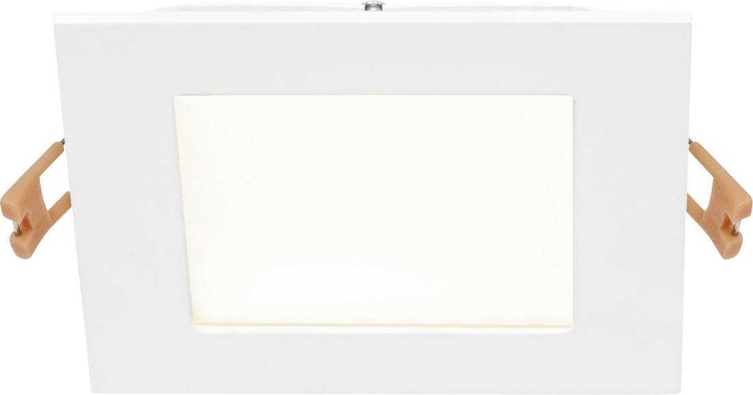 Weißer quadratischer LED-Einbaustrahler mit orangefarbenen Halterungen, beleuchtet, Design für Deckenmontage in Innenräumen.