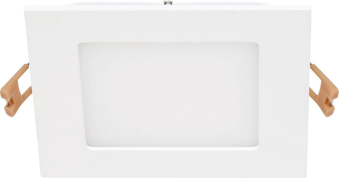 Weiße rechteckige LED-Deckenleuchte mit zwei seitlichen orangefarbenen Clips zur Befestigung.