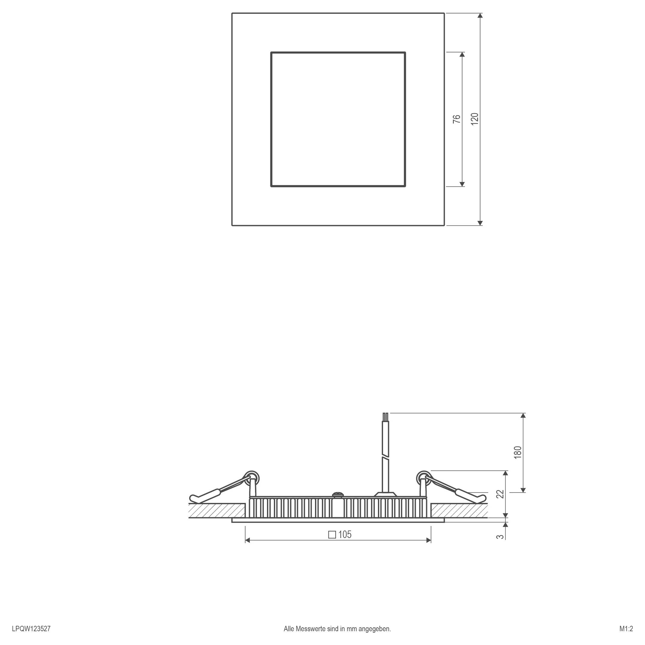 Technische Zeichnung einer quadratischen Leuchte mit den Abmessungen: 120 mm Außengröße, 79 mm innere Öffnung, und Seitenansicht mit 105 mm Breite und 180 mm Höhe.