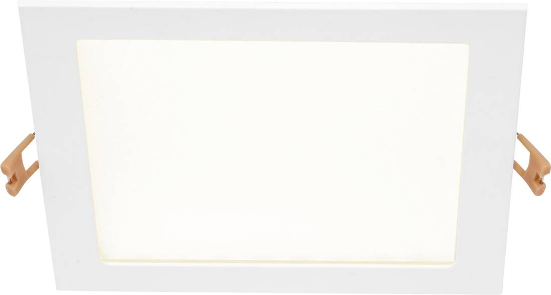 Quadratische weiße LED-Deckenleuchte mit zwei seitlichen orangefarbenen Clips, leuchtet hell.