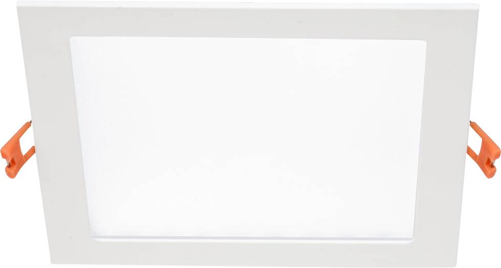Eine weiße quadratische LED-Deckenlampe mit orangefarbenen Halterungen an den Seiten, auf weißem Hintergrund.