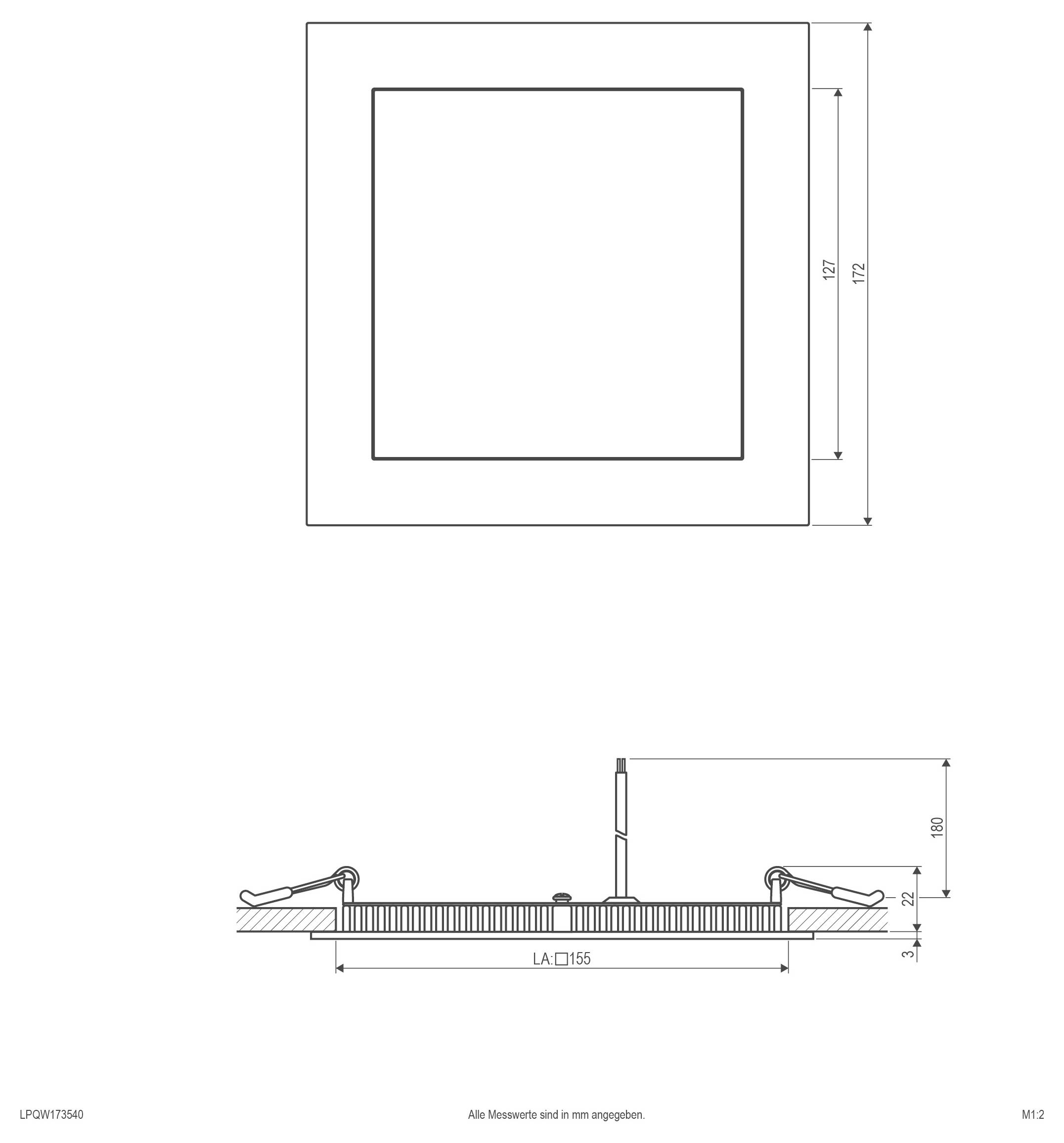 Technische Maßzeichnung einer runden eingebauten Leuchte mit Draufsicht und Seitenansicht mit Abmessungen: 145 mm Durchmesser, 112 mm Ausschnitt, 63 mm Höhe.