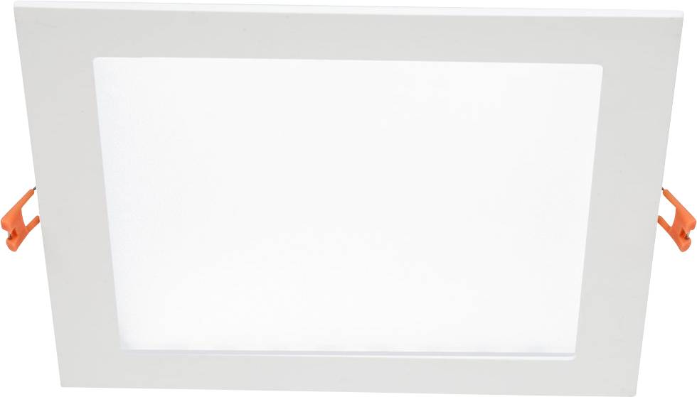 Quadratische LED-Deckeneinbauleuchte in Weiß mit einem Rahmen und zwei orangefarbenen Halterungen an den Seiten.