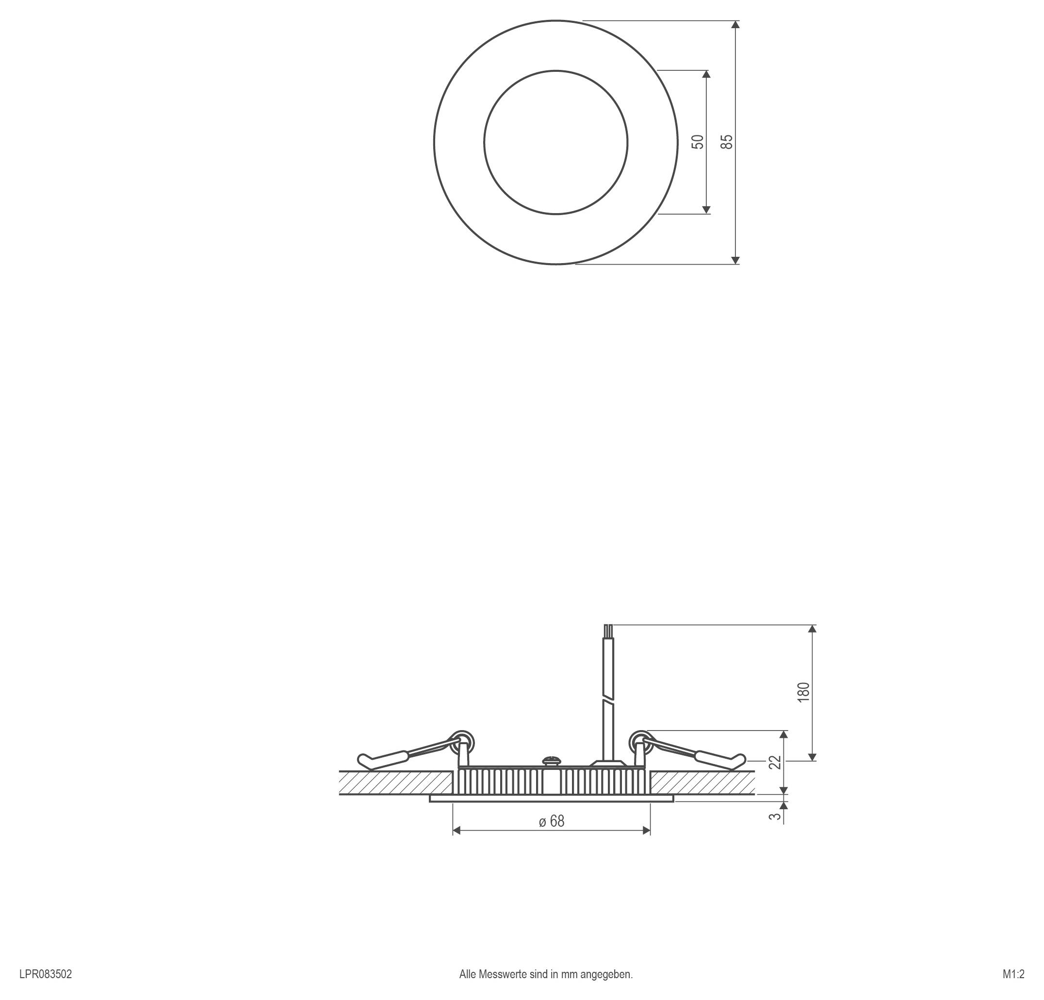 Technische Zeichnung eines kreisförmigen Bauteils mit Außendurchmesser 85 und Innendurchmesser 50, plus eine Seitenansicht mit Breite 68 und Höhe 180.