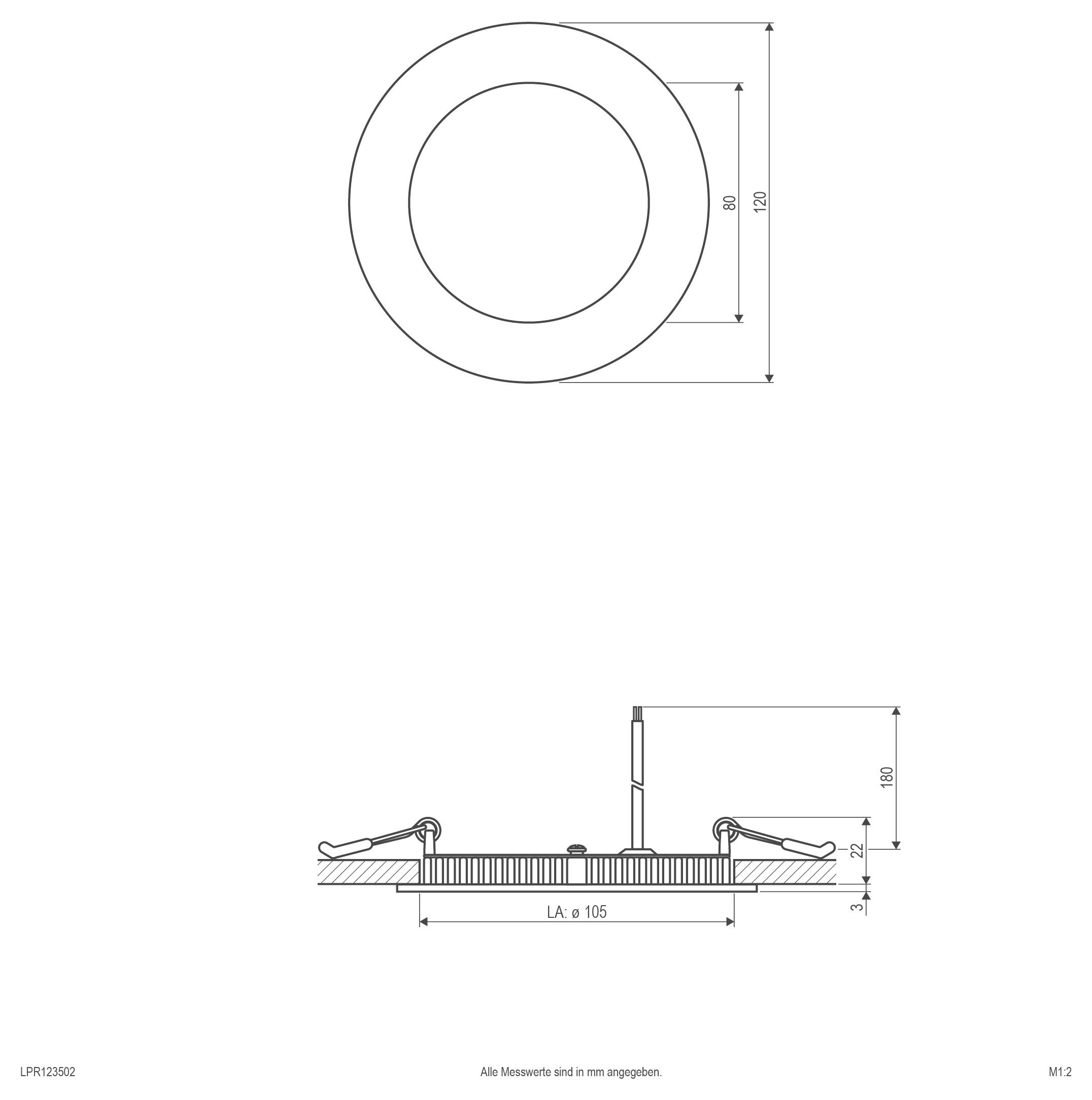 Versenkte verstellbare Deckenleuchte mit rundem silbernem Rahmen und schwarzem Gehäuse, gezeigt mit separatem schwarzem Montageclip auf weißem Hintergrund.