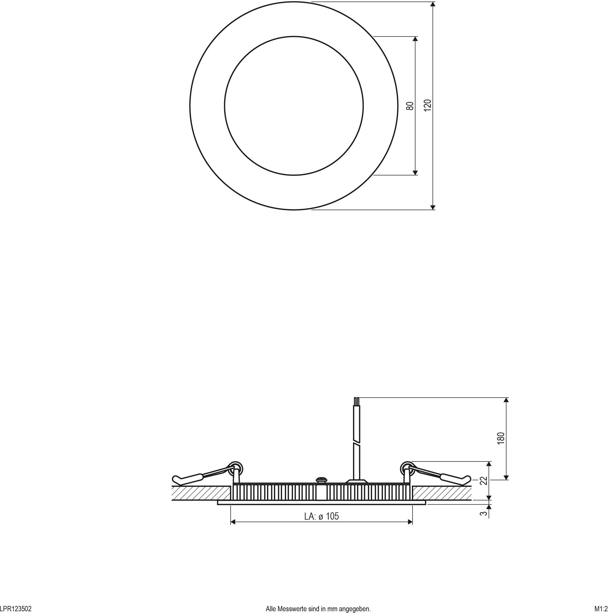 Runder Einbaustrahler mit einem Durchmesser von 120 mm. Seitenansicht zeigt Klammern zur Befestigung. Alle Maße in mm.