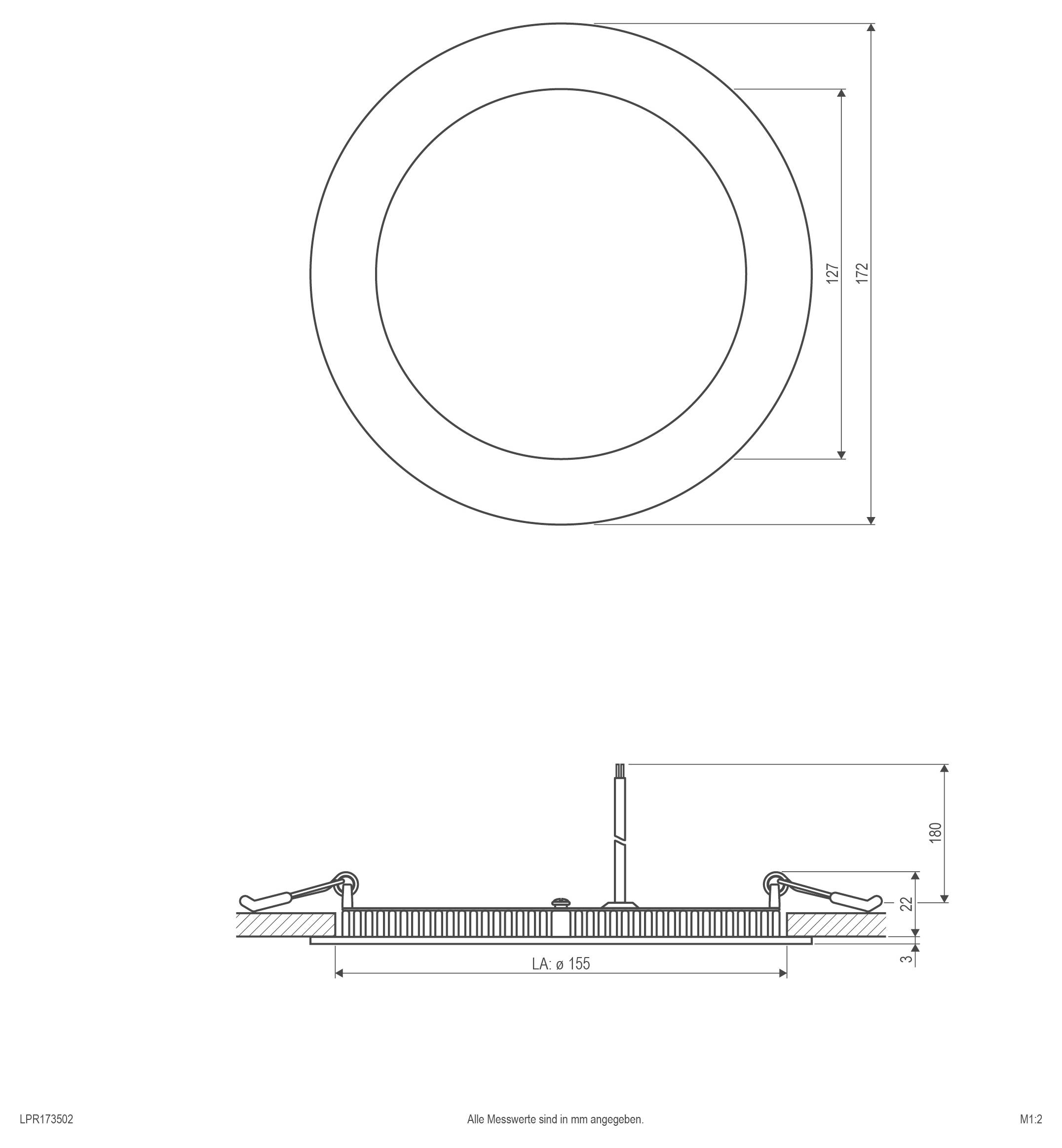 Technische Zeichnung eines rechteckigen Gerätegehäuses dargestellt in Draufsicht, Vorderansicht und Seitenansicht mit zwei kreisförmigen Öffnungen und Abmessungsangaben in Millimetern.