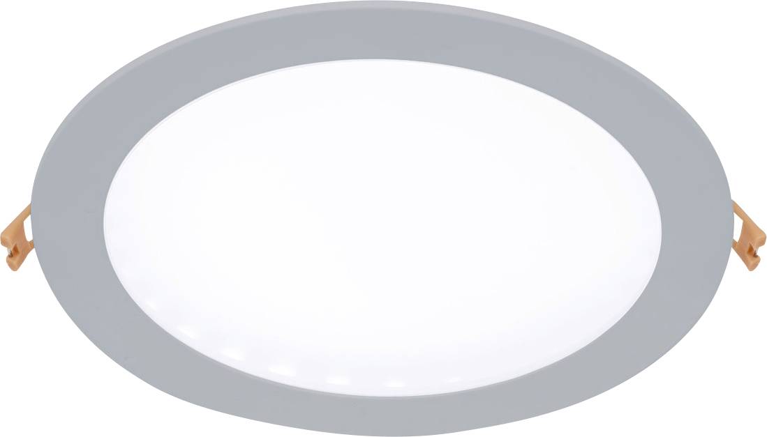 Ein runder, flacher LED-Deckenstrahler mit silbernem Rand und einem breiten weißen Leuchtbereich. Geeignet zur Deckenmontage.