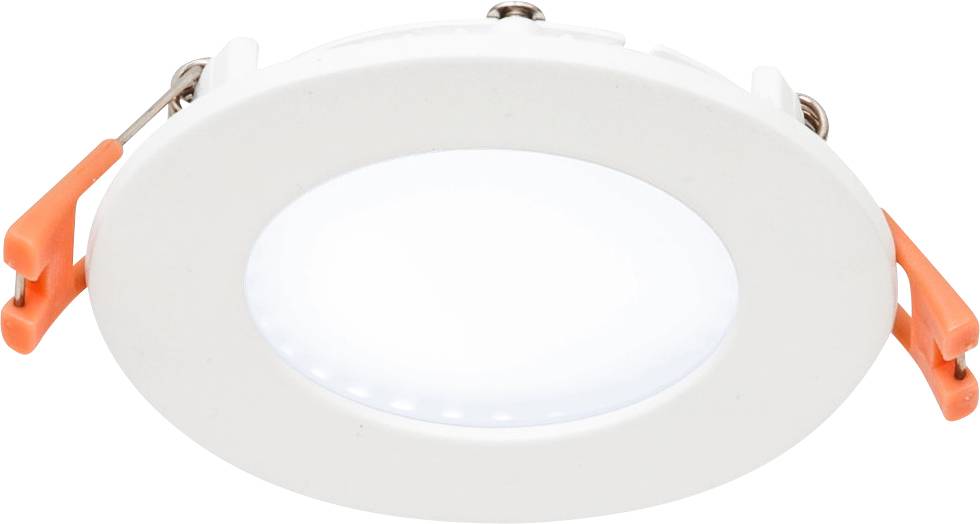 Weiße LED-Deckeneinbauleuchte mit rundem Rahmen und zwei orangefarbenen Clips zur Befestigung.