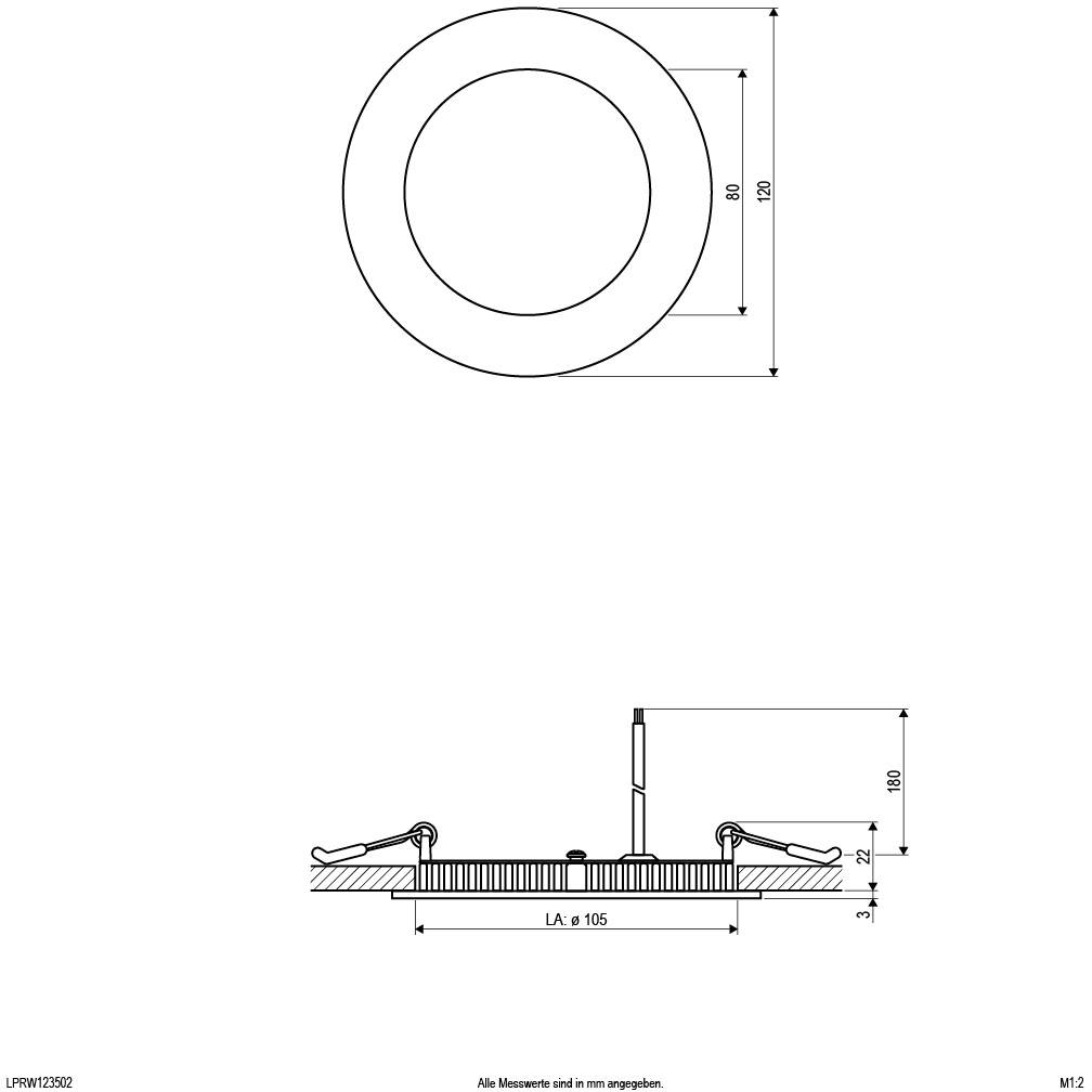 'Einbauleuchte' im Querschnitt und Draufsicht. Maße: Ausschnitt 105 mm, Höhe 20 mm, Außendurchmesser 120 mm.