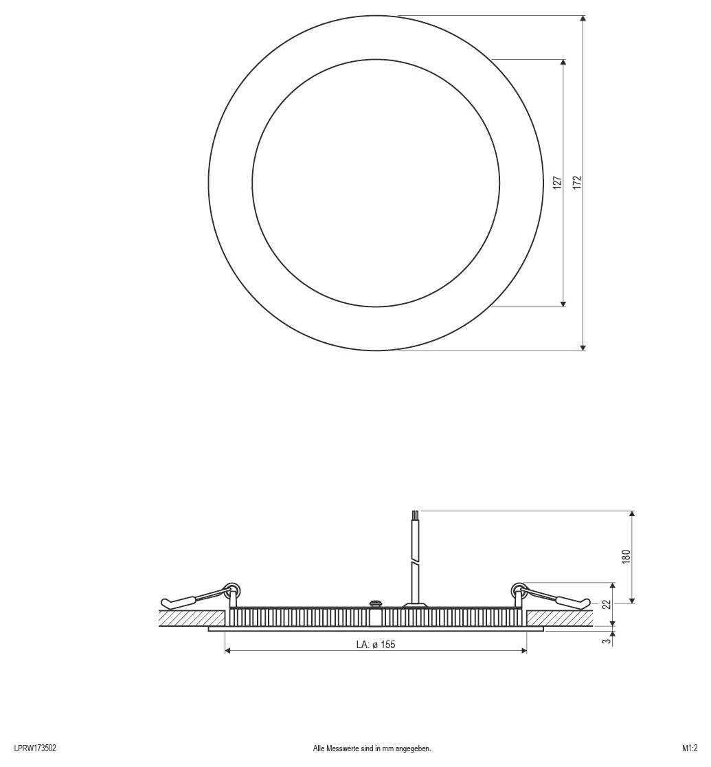 Technische Zeichnung einer runden Deckenleuchte: Draufsicht mit konzentrischen Kreisen; Seitenansicht zeigt eine schlanke, bündige Einbauarmatur mit der Bezeichnung 