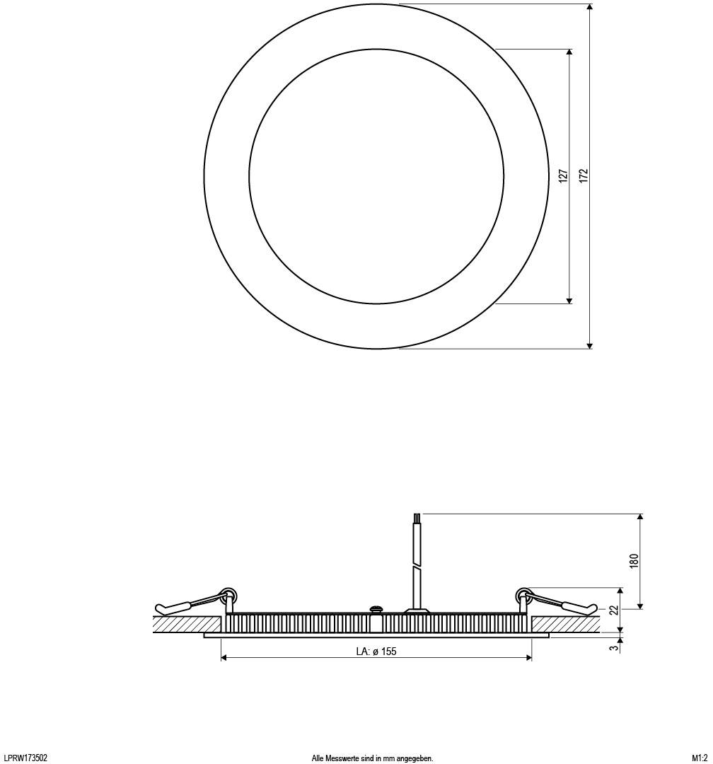 Diagramm eines runden Deckenleuchteneinbausatzes mit Abmessungen: Außendurchmesser 172 mm, Innendurchmesser 155 mm, Höhe 28 mm.