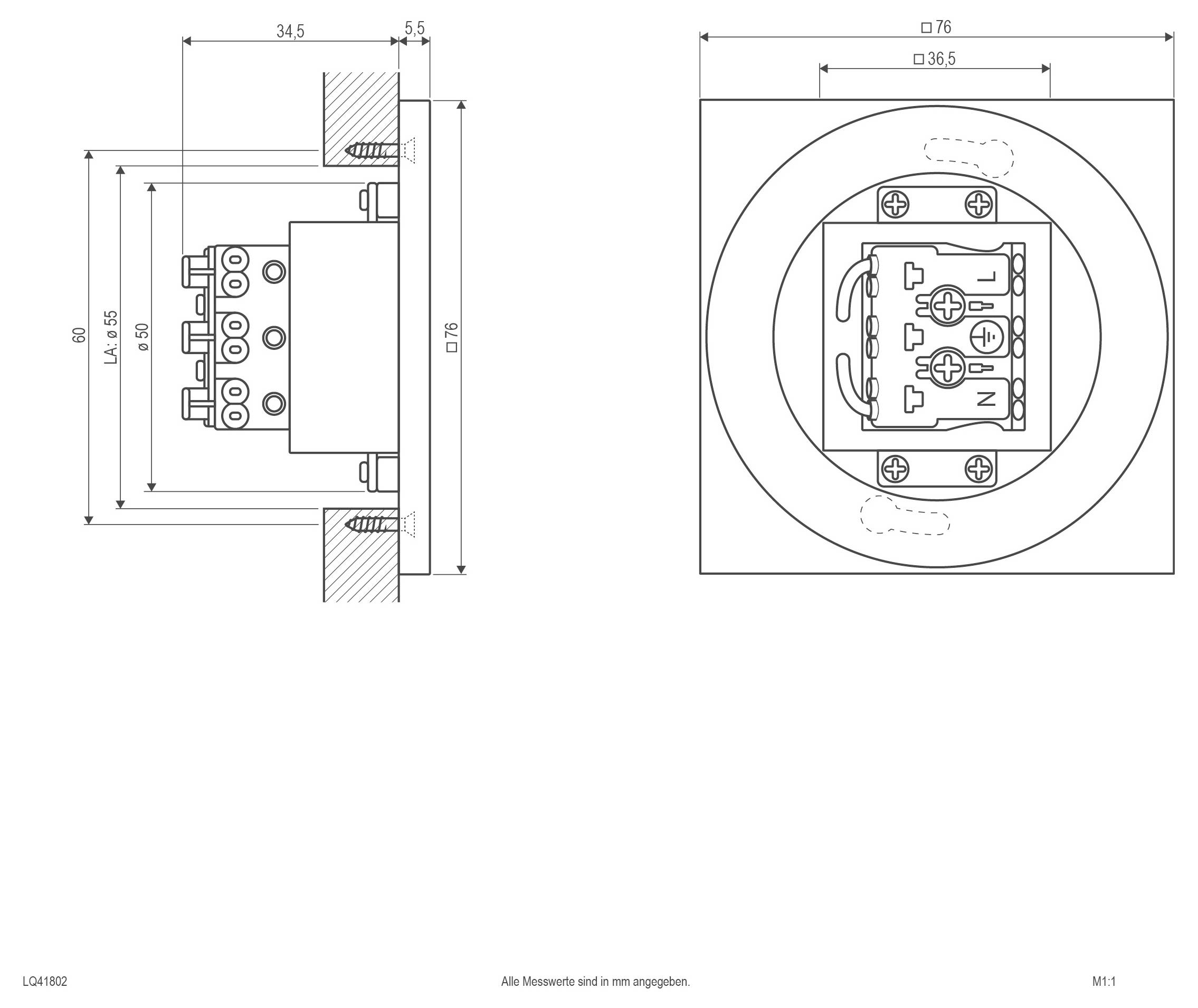 Technische Maßstabzeichnung eines rechteckigen LED-Flutlichts mit Vorder- und Seitenansicht mit Abmessungen in mm und einem Schwenkbereich von 270°.