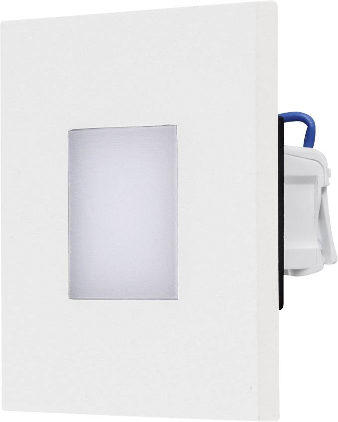 Ein weißes LED-Wandeinbauleuchte mit rechteckigem Lichtfenster, geeignet für dezente Beleuchtung in Innenräumen.