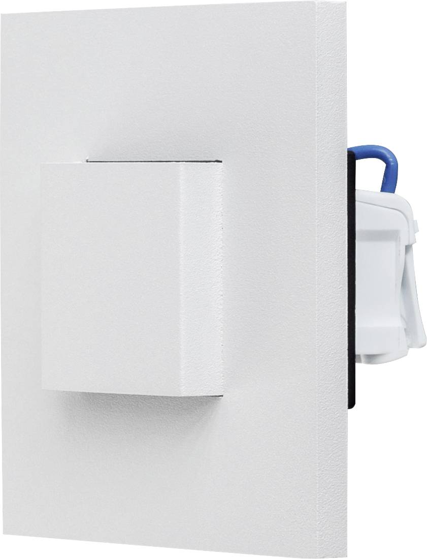 Ein weißer Wandeinbaulautsprecher mit rechteckigem Gehäuse, seitlich abgebildet. Kabel ragen aus der Rückseite heraus.